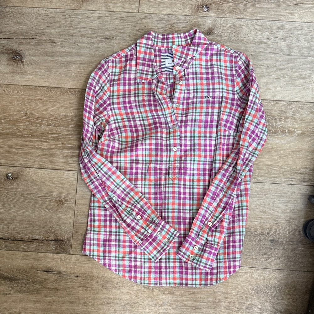 Vineyard Vines Pink and Green Plaid Button Down Shirt